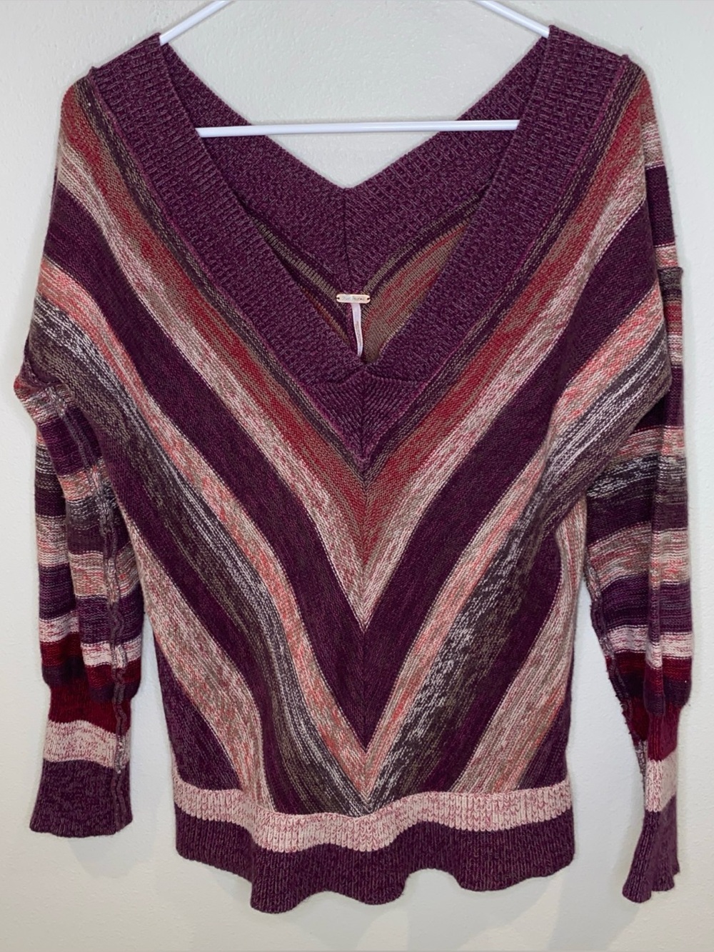 Free People V Neck Sweater Women’s M Purple Multicolored Stripes Wool Blend